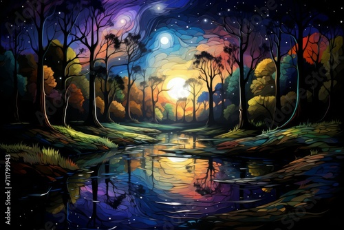 Tranquil moonlit ponds  reflecting the serenity of the night sky - Generative AI