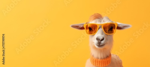 Fototapeta Naklejka Na Ścianę i Meble -  Funny easter animal banner - Closeup of white goat with sunglasses, isolated on yellow background