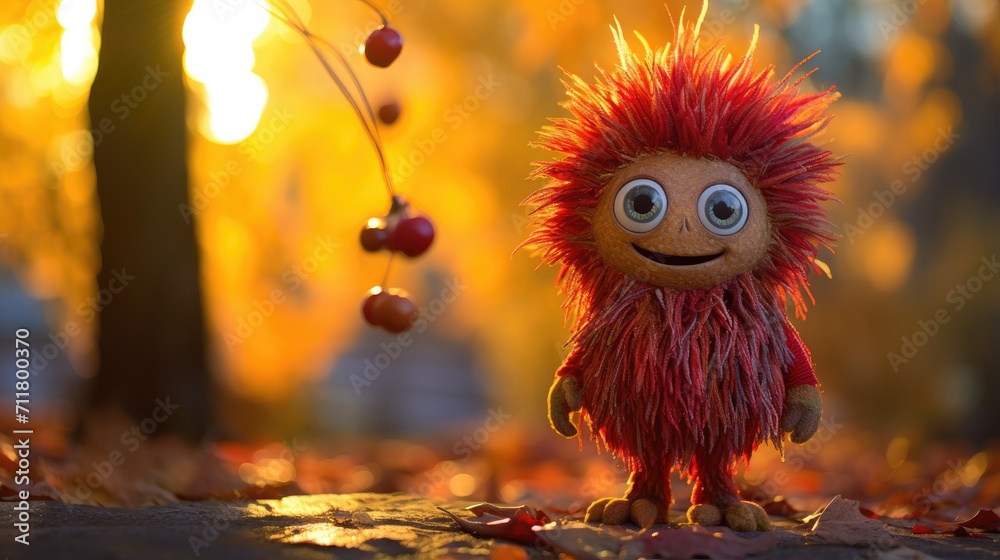 A stuffed animal is standing in the leaves. Generative AI. A stuffed animal is standing in the leaves. Generative AI.