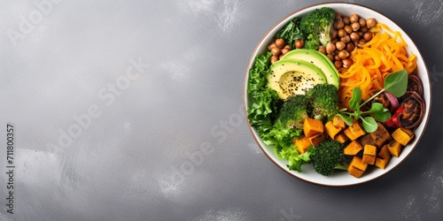 Nourishing plant-based lunch bowl with avocado, mushrooms, greens and legumes on a bright surface. © ckybe
