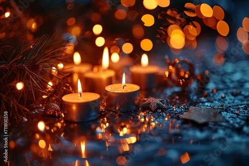 Festive bokeh background with golden burning candles for New Year 2024 celebration. © ckybe