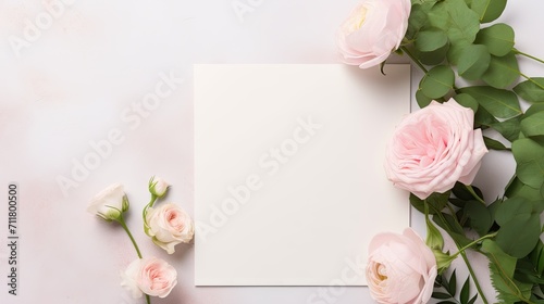 wedding or birthday stationery mock-up scene with a blank paper greeting card and a bouquet of green leaves, blush pink English roses, and ranunculus flowers.