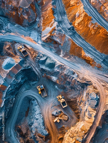Aerial view of industrial area with sorting of materials, surface mine of colored minerals and heavy mining equipment, industrial backdrop.