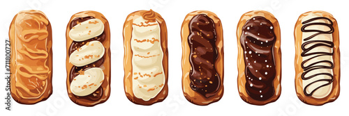 Set of eclair cake, sweet eclair with chocolate glaze and custard cream, bread baked food, bakery shop, cafe menu, vector illustration isolated on white background