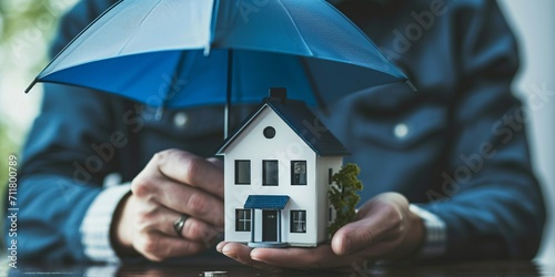 A male agent with a navy umbrella shields a contemporary ivory residence model, representing insurance for property and real estate.