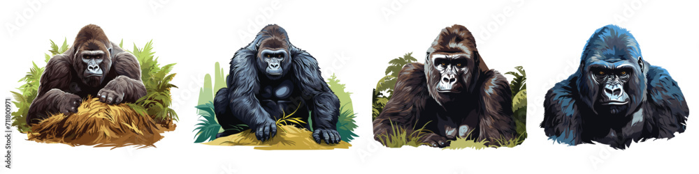 A realistic Mountain gorilla, a gorilla sitting on the ground, wildlife animal, vector illustration isolated on white background