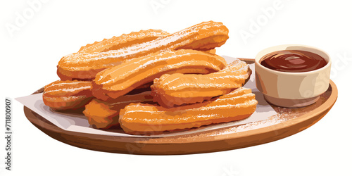 Churros with chocolate sauce, traditional spanish dessert on wood plate, cafe menu, vector illustration isolated on white background