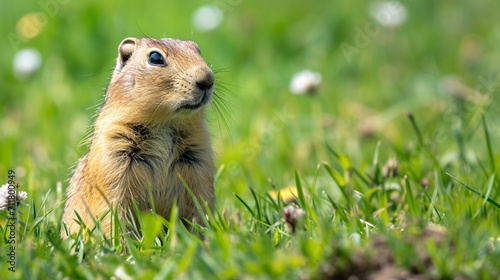 The Russian landscape features the Mountain Caucasian Gopher or Spermophilus musicus among the grass. photo