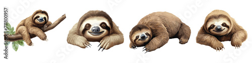 Set of cute sloths, Lazy wild animal, climbs trees, animal, vector illustration isolated on white background