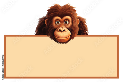 Orangutan with Your Message: A friendly cartoon gorilla peeks over a blank sign, ready for your text or design, isolated on white background photo