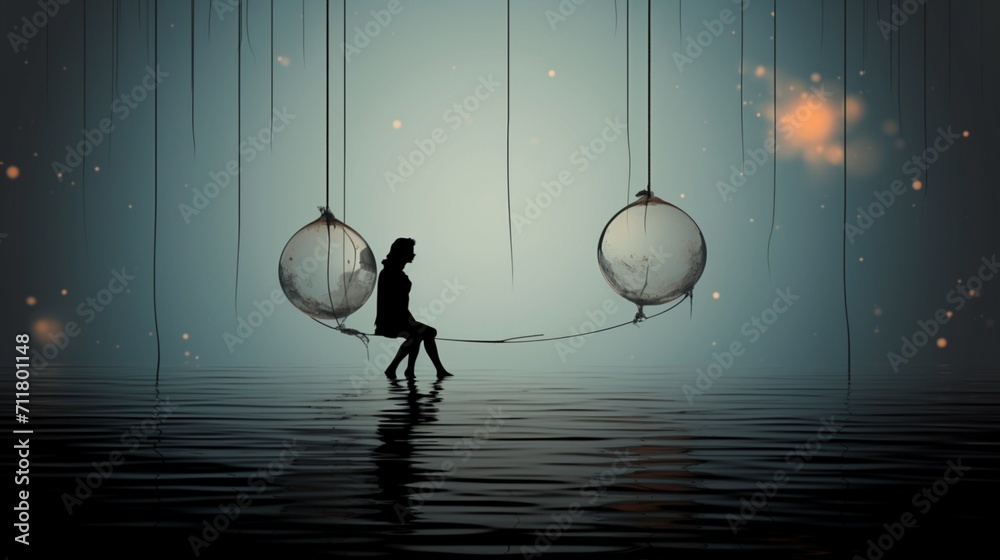 In a bubble hanging from a rope, a silhouette of a romantic couple is framed against a red and gold backdrop, offering space for text and adorned with a bokeh effect. - Generative AI - obrazy, fototapety, plakaty 