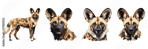 African Wild Dog Portraits: A captivating quartet of African wild dogs, showcasing their distinctive markings and expressive faces in a collection of isolated portraits