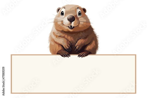 Cute groundhog cartoon holding blank sign, animal, poster, card, vector illustration isolated on white background photo