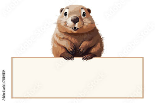 Cute groundhog cartoon holding blank sign, animal, poster, card, vector illustration isolated on white background