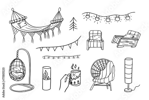 Set of cozy glamping elements in doodle style. Hammock, rattan chair, hand with a mug, wooden chairs, lamp. Glamorous camping. Hand drawn. Great for decoration, print posters, banner, decoration