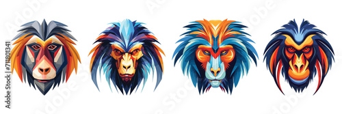 Set of Mandrill Mosaic: A vibrant quartet of mandrill portraits, rendered in a striking geometric style, celebrates the beauty and diversity of the natural world, isolated on white background