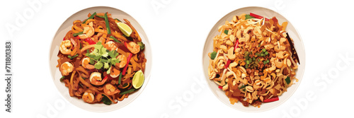 A Taste of Asia: Two plates of delicious shrimp Pad Thai noodles, one spicy and one savory, await your culinary exploration.