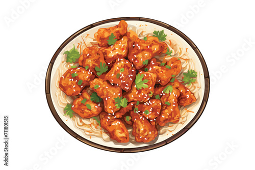 Chicken Manchurian, Korean chicken breasts Chili pepper sauce, menu, top view, vector illustration isolated on white background
