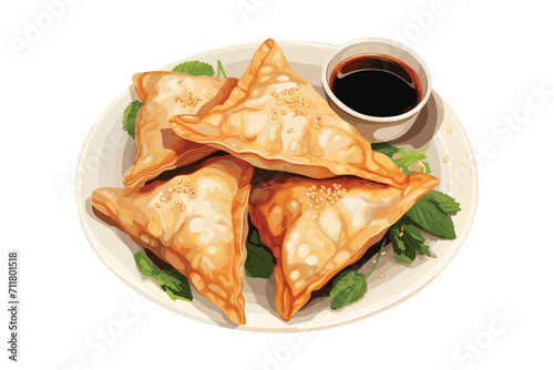 Chinese wontons, Asian fried dumplings, gyoza with soy sauce, menu, top view, vector illustration isolated on white background