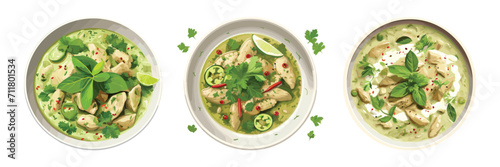 Set of green chicken curry, Thai curry, Chicken Hariyali Tikka, Chicken Hara Masala , hariyali Indian style, menu, top view, vector illustration isolated on white background