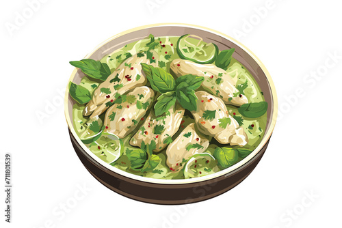 Green chicken curry, Thai curry, Chicken Hariyali Tikka, Chicken Hara Masala , hariyali Indian style, menu, vector illustration isolated on white background