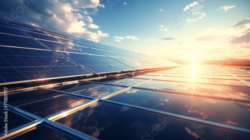 Solar panels shine with glimmering light from the sun, providing renewable energy and promoting a sustainable environment. (3D illustration) photo