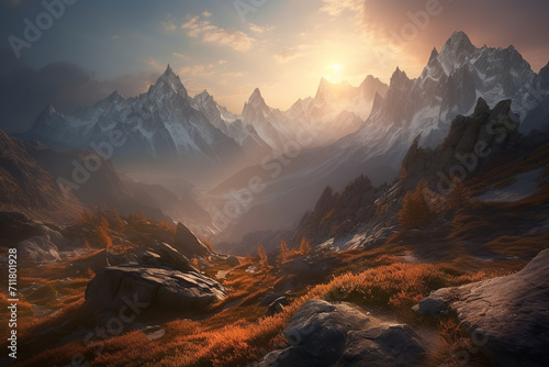 Majestic mountain peaks at foggy sunrise © yarohork