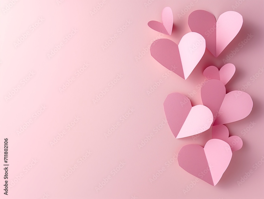 Paper cut pink hearts on delicate pink background with copy space. Paper cut decorations for Valentine's day.