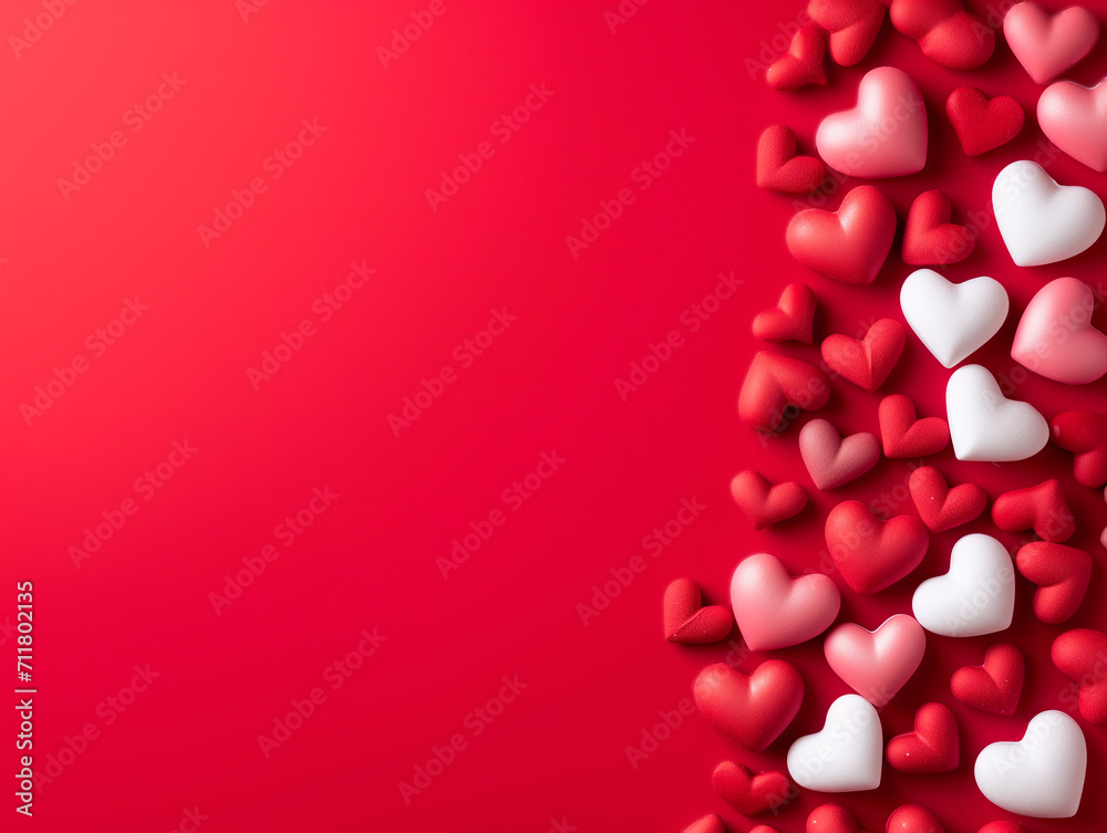 Red, pink and white hearts on red background. Copy space. Valentine's Day design. February 14th.
