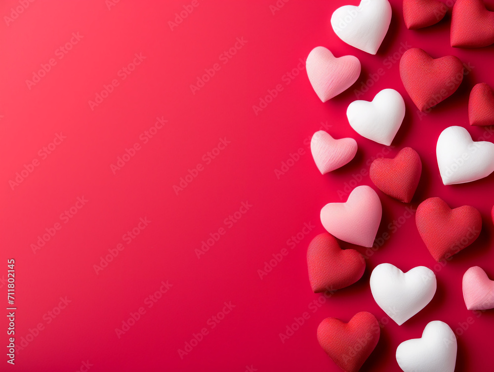 White, red and delicate pink hearts on red background with copy space. Valentine's Day. Decorations for February 14th.