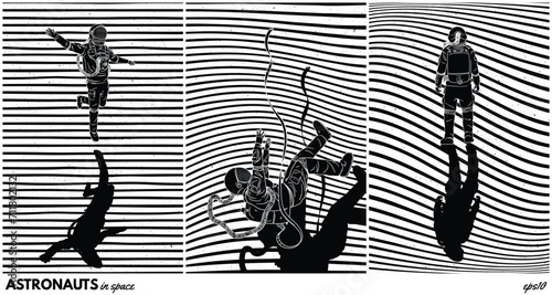 Astronaut in space. Graphic black white sci-fi poster set with lines