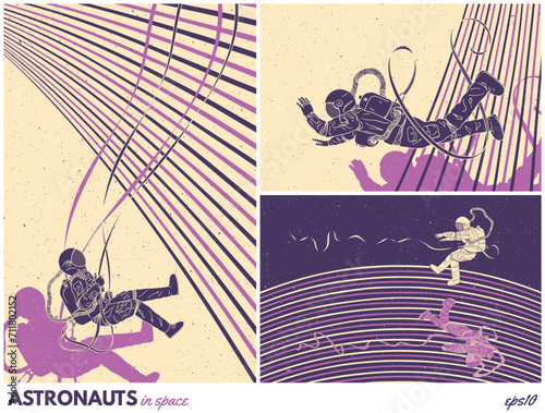 Astronaut in space. Cosmonaut in spacesuit. Sci fi retro poster set