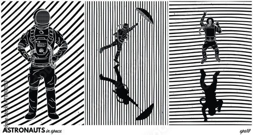 Astronaut in space. Graphic black white sci-fi poster set with lines © arvitalya