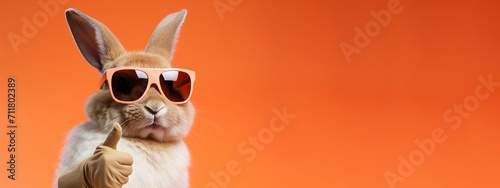 Funny easter animal pet - Easter bunny rabbit with sunglasses, giving thumb up, isolated on orange background photo