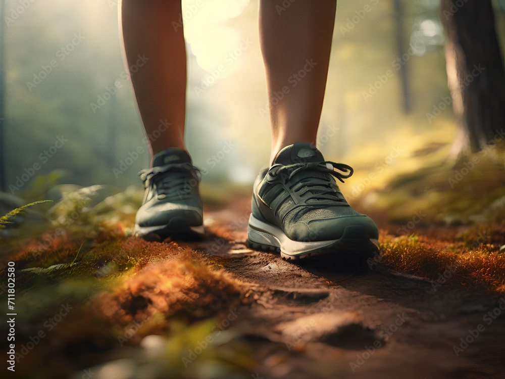 Woman walking on the trail in a forest, close-up of a shoes