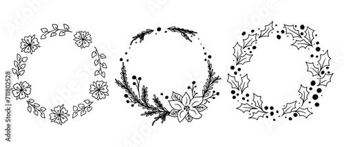 Collection of contour doodle floral wreaths
