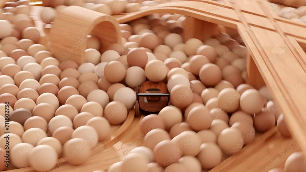 Closeup of a wooden toy car running on a rail set inside a ball pit.