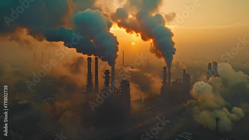 Power plant in the city. Industrial chimneys from factory. Metallurgy blue sky. Metallurgical industrial factory. Poisoned air. Epic pollution of nature. Toxic substances. smoke moving photo