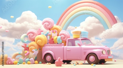 Colorful pastel candy landscape. pink castle or palace in the land of sweets and car. road among sweets and lollipops photo