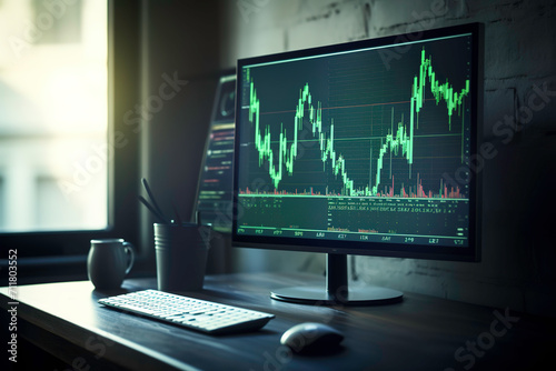 a monitor with a graph and a stock market chart