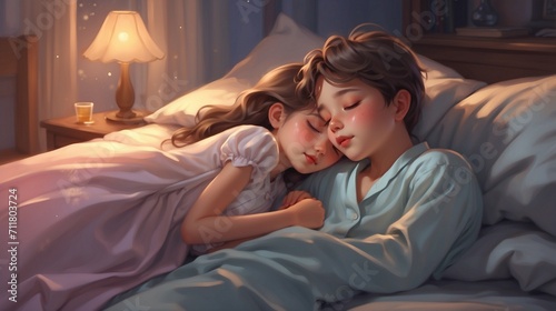 illustration of siblings sleeping together photo