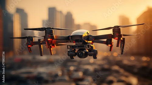 Drone with digital camera flying over the city