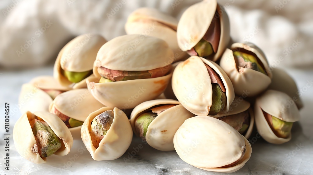 Pistachio Nuts in Shells Clustered on a Marbled Surface