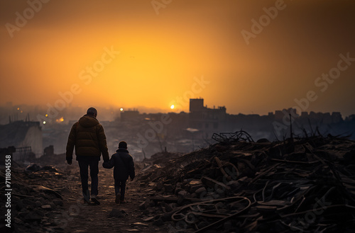 Father and son walking by rubble from a destroyed building at sunset