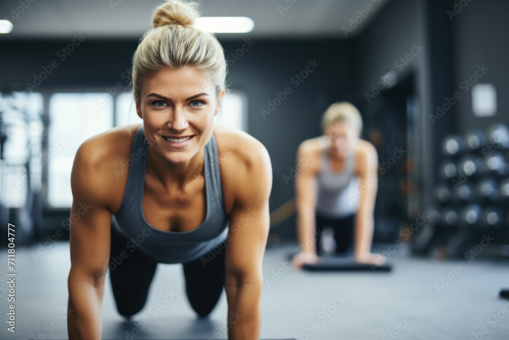 Athletic woman doing plank in gym.