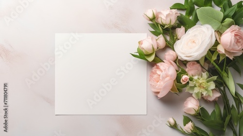 wedding or birthday stationery mock-up scene with a blank paper greeting card and a bouquet of green leaves, blush pink English roses, and ranunculus flowers. © pvl0707