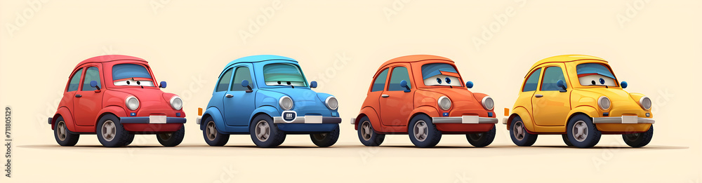 A set of happy smiling cars, cartoon characters, in a collection of funny multicolored cartoon cars.