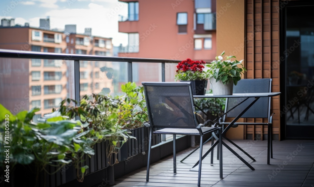 Spacious balcony of an apartment with flowers in pots.