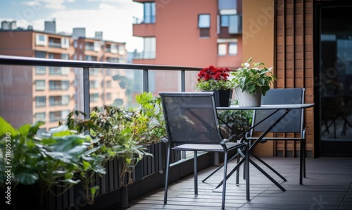 Spacious balcony of an apartment with flowers in pots.