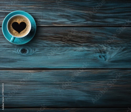 Coffee cup with heart shape on wooden background. Generative AI.